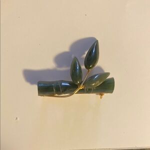 Vintage Gold Tone Jade Bamboo Leaf Brooch Pin